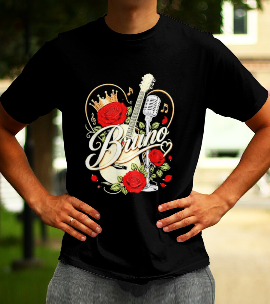 Bruno Rose Crown Guitar And Microphone With Music Notes T-Shirt