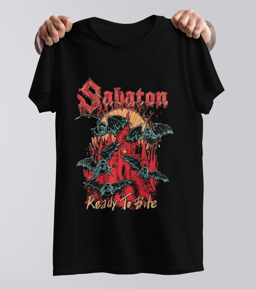 Sabaton Ready To Bite Heavy Metal Band Vampire Bats Castle T-Shirt
