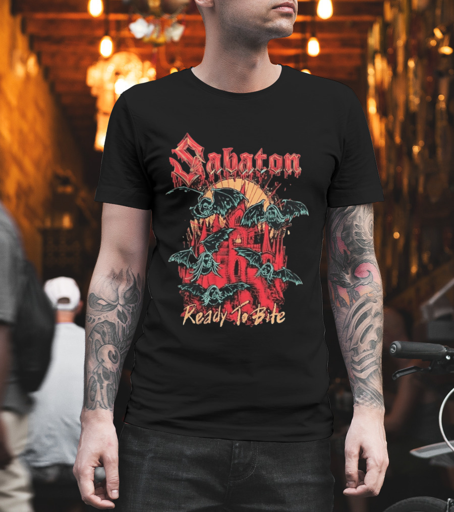 Sabaton Ready To Bite Heavy Metal Band Vampire Bats Castle T-Shirt