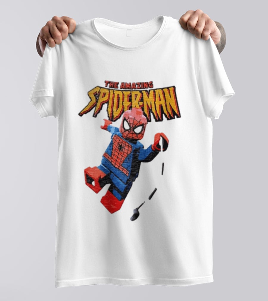 Spider Man The Amazing Lego Minifigure Swinging On Web Iconic Marvel Hero T-Shirt