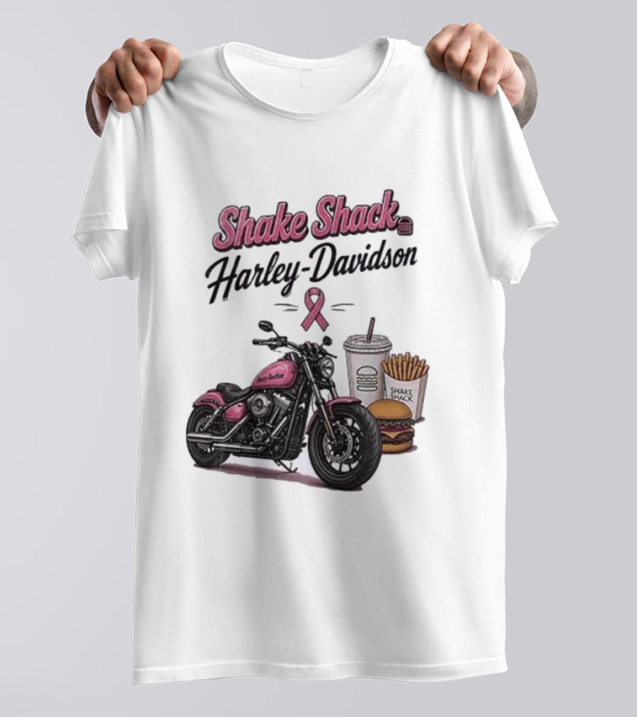Shake Shack Harley Davidson Pink Ribbon Burger Fries Breast Cancer Awareness Month T-Shirt