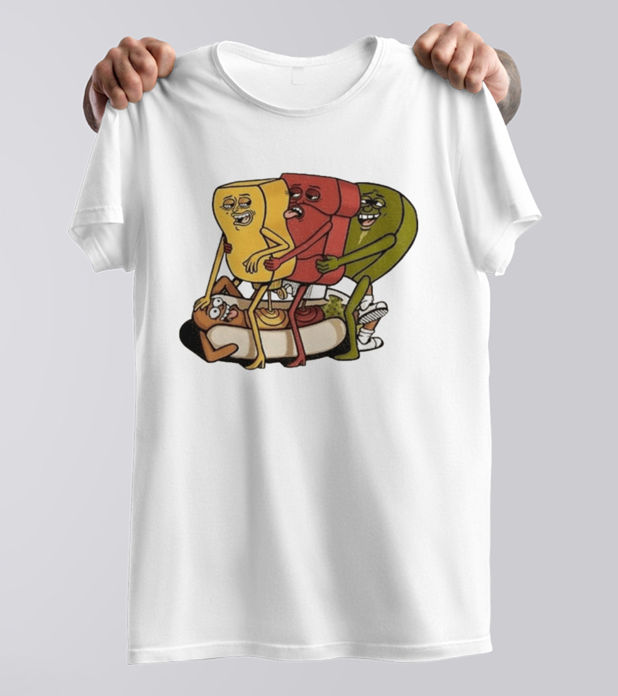 Hot Dog Topped With Mustard Ketchup And Relish Cartoon Characters T-Shirt