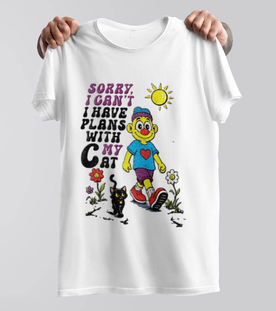 Sorry I Can't I Have Plans With My Cat Cartoon Yellow Figure Walking Sunflowers T-Shirt