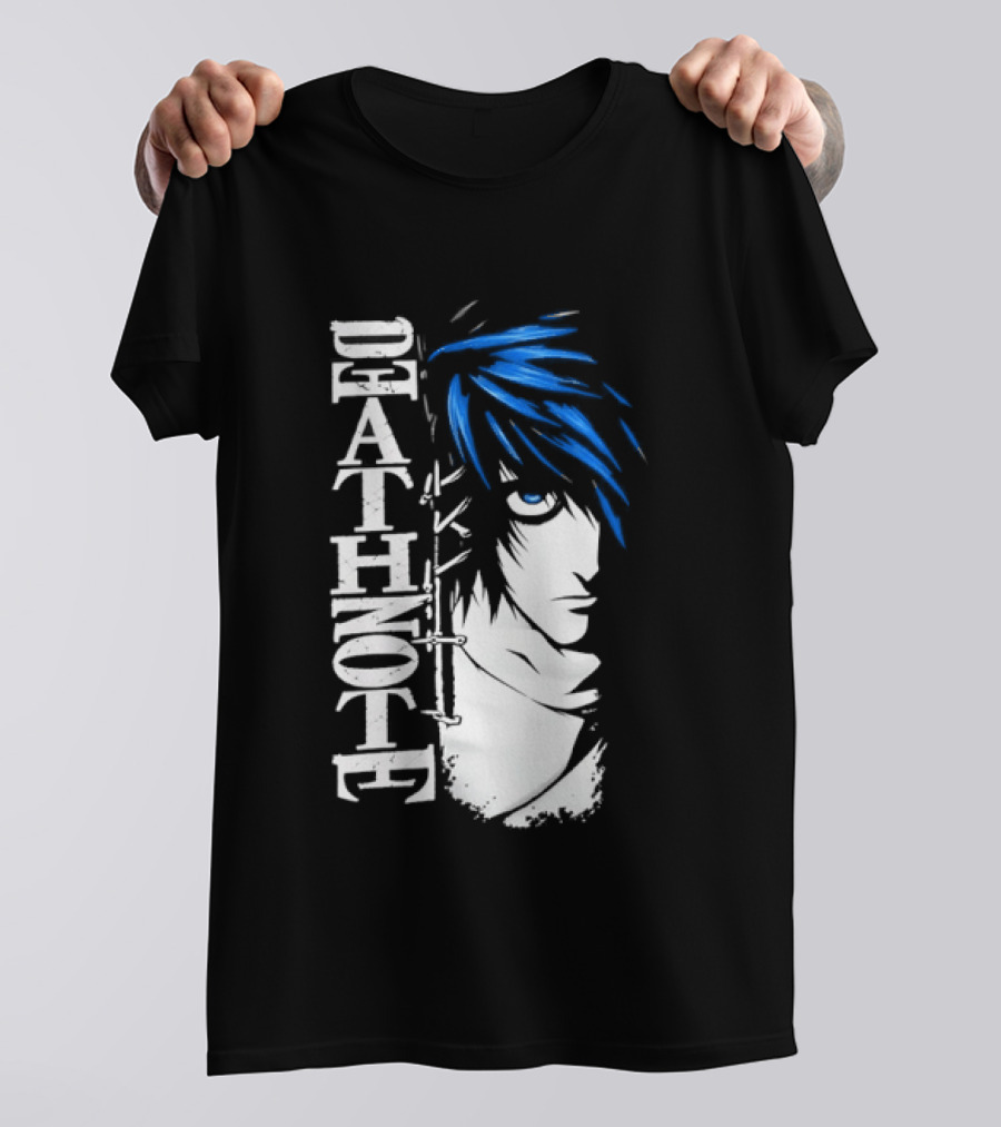 L From Death Note Distressed Anime Blue Hair White T-Shirt