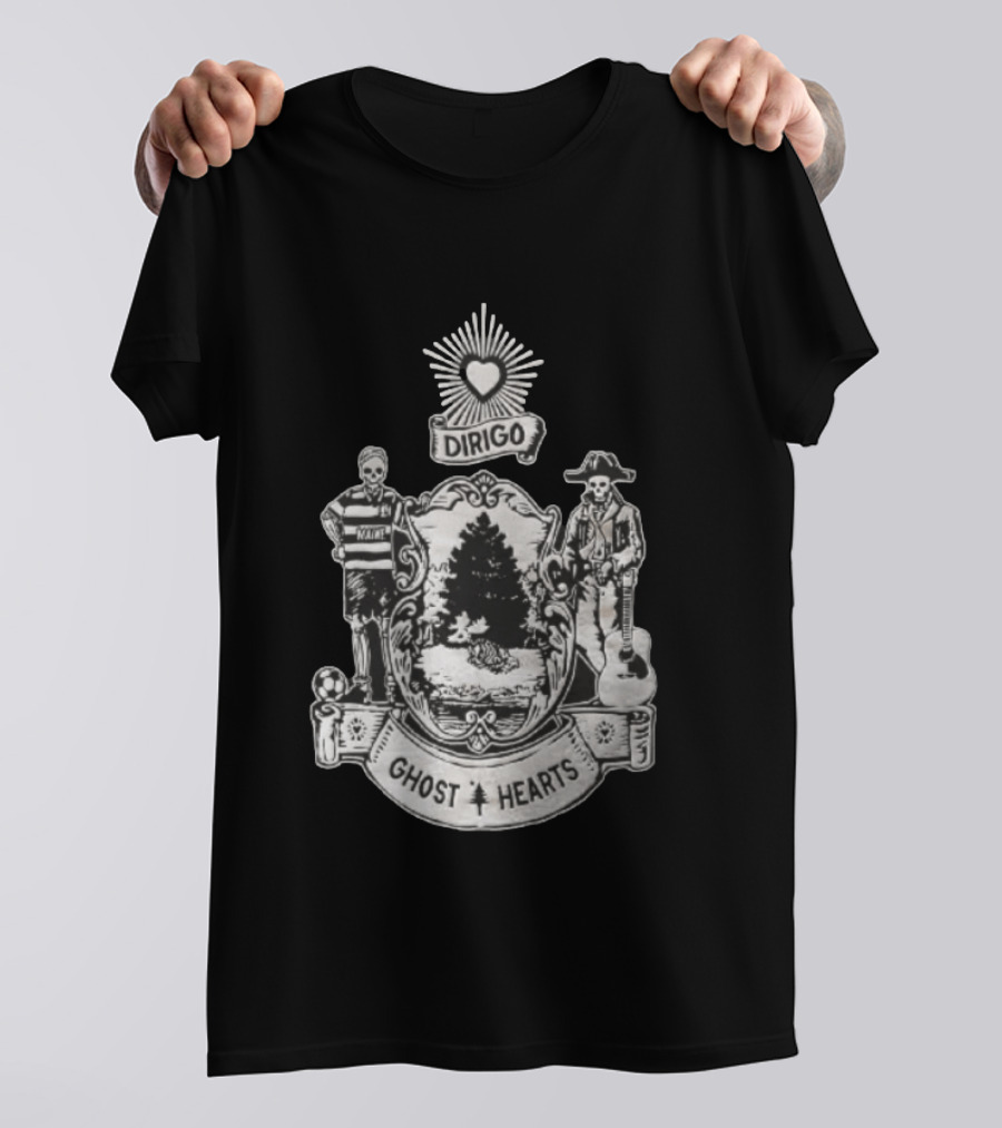 Dirigo Ghost Hearts Maine Crest With Skeleton Soccer And Guitar Players T-Shirt