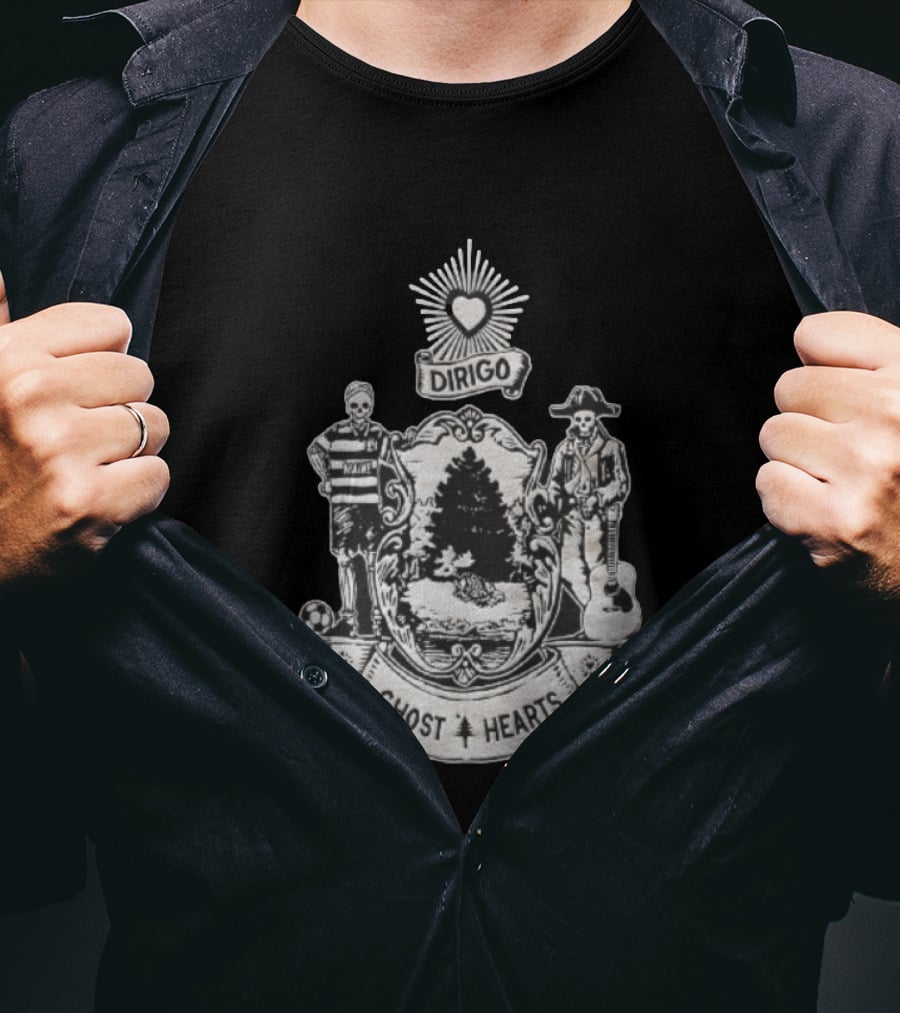 Dirigo Ghost Hearts Maine Crest With Skeleton Soccer And Guitar Players T-Shirt