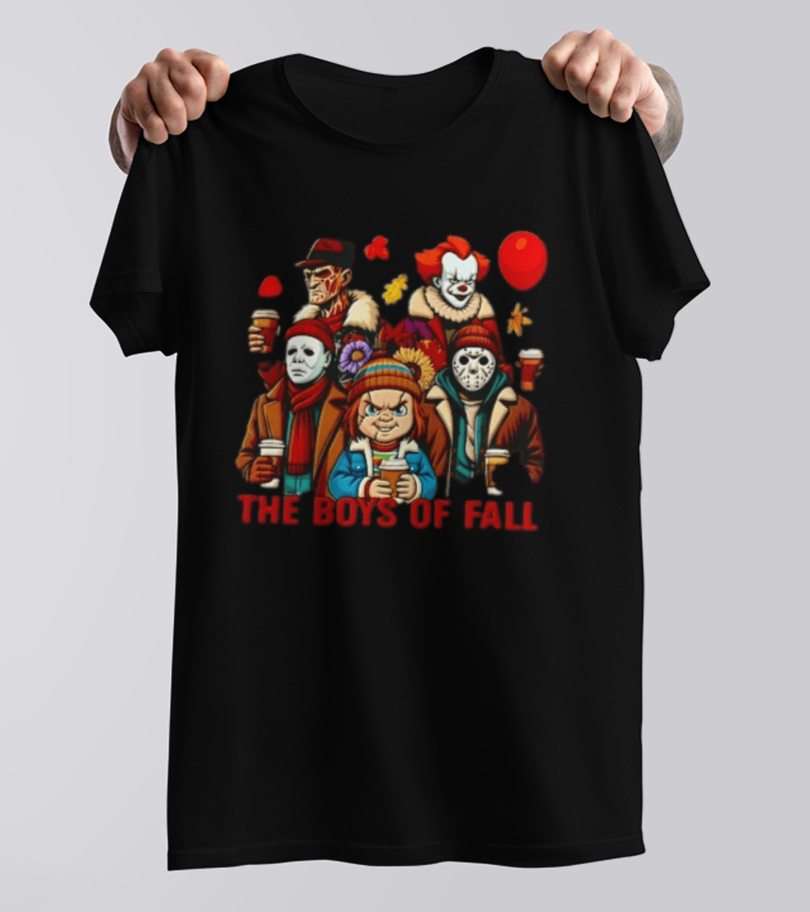 The Boys Of Fall Horror Movie Villains Holding Coffee Autumn Leaves Cartoon Balloons T-Shirt