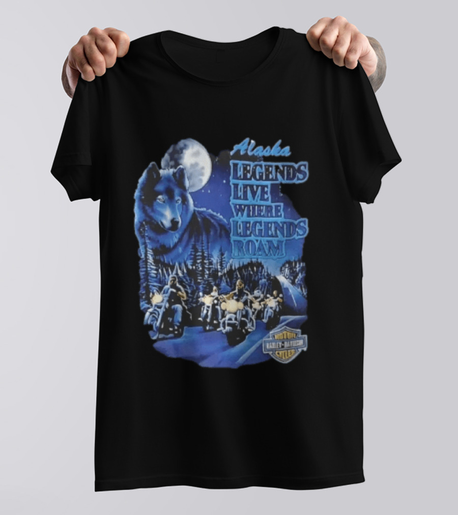 Alaska Legends Live Where Legends Roam Wolf Moon Motorcycles Forest Road T-Shirt