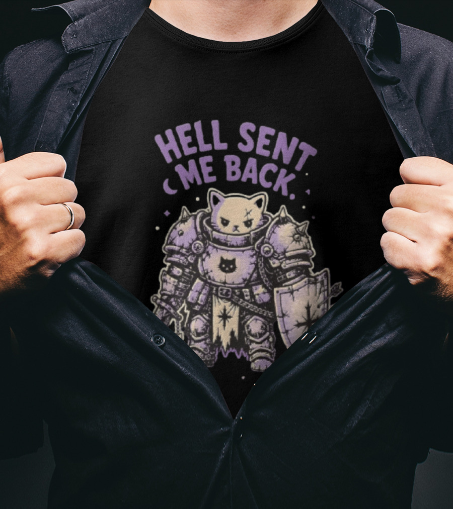 Hell Sent Me Back Armored Knight Cat Sword Shield T-Shirt
