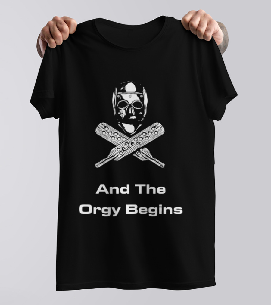 And The Orgy Begins Horror Cult Classic Hockey Mask Crossed Bats T-Shirt