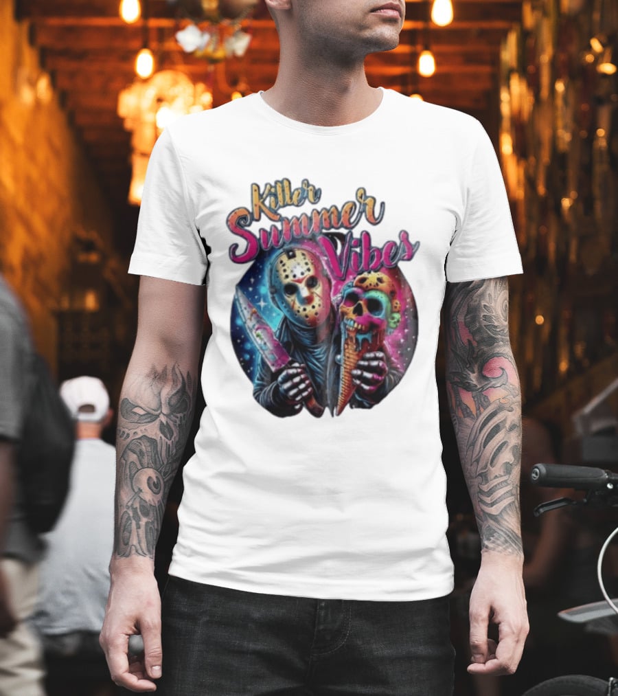 Killer Summer Vibes Hockey Mask Slasher Knife Skull Ice Cream Cone Cosmic T-Shirt