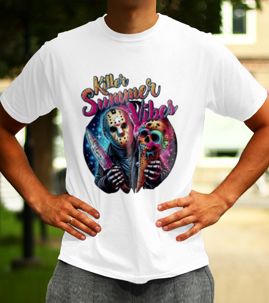 Killer Summer Vibes Hockey Mask Slasher Knife Skull Ice Cream Cone Cosmic T-Shirt