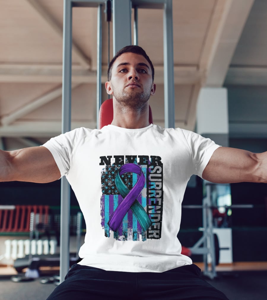 Never Surrender Teal And Purple Awareness Ribbon Distressed Flag T-Shirt