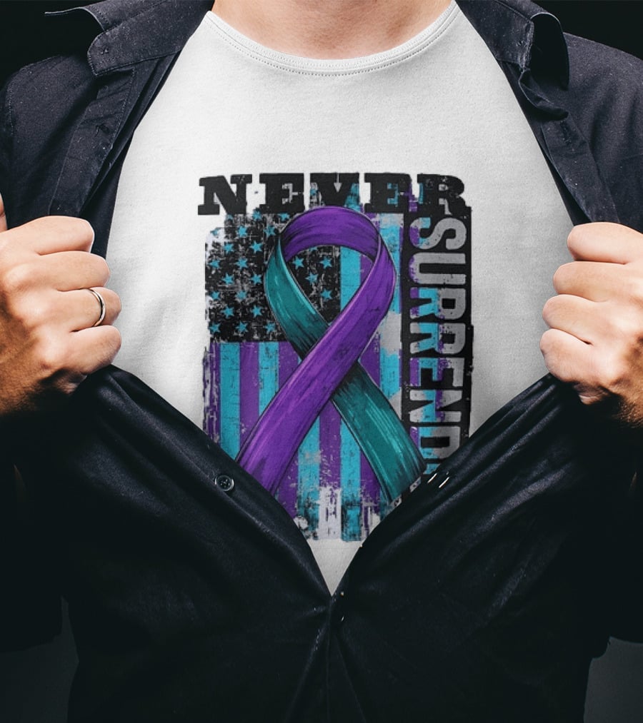 Never Surrender Teal And Purple Awareness Ribbon Distressed Flag T-Shirt