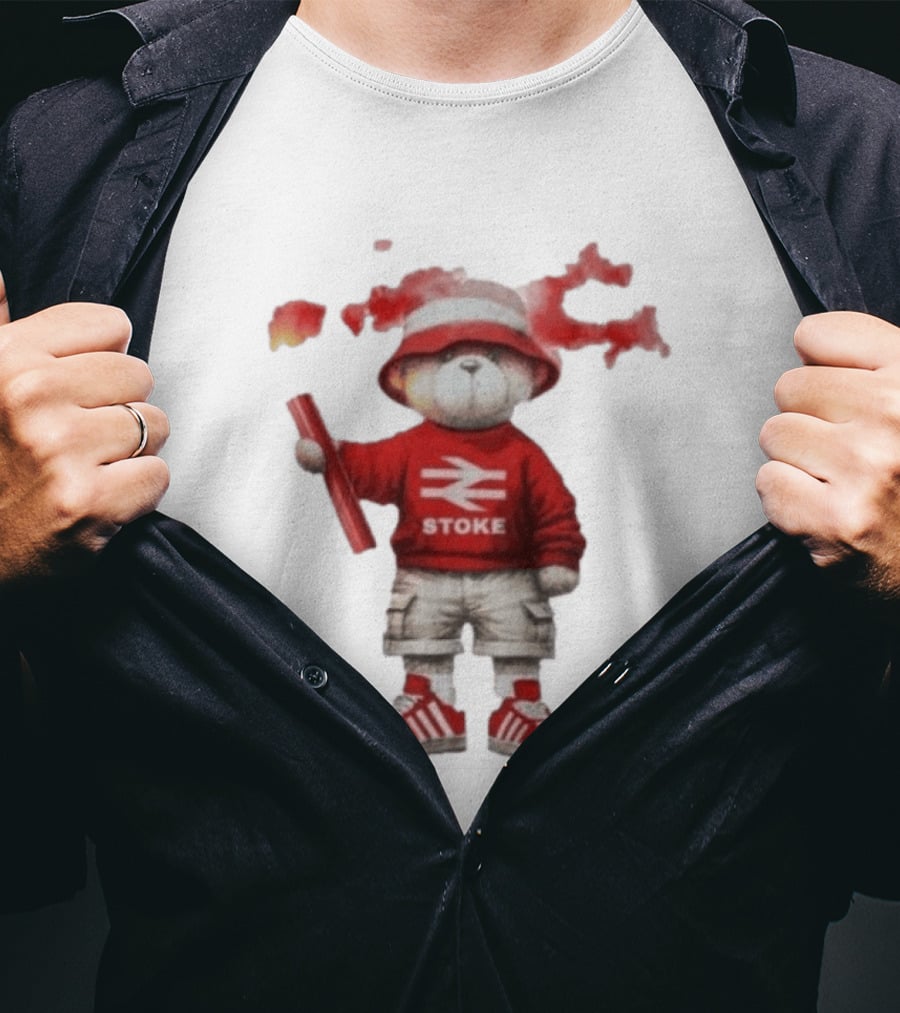 Stoke Awaydays Bear With Flare Football Casuals Railway Logo Bucket Hat Red Sneakers T-Shirt
