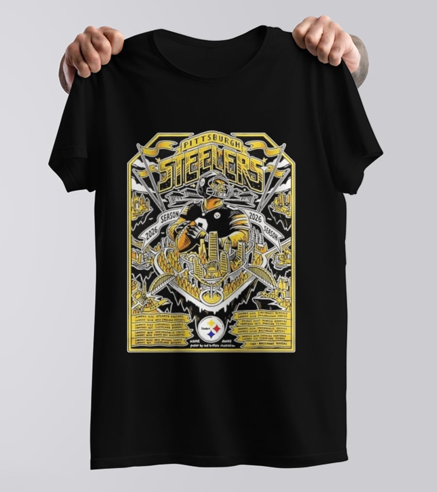 Pittsburgh Steelers 2026 Season Schedule Featuring Iconic Cityscape And Player T-Shirt