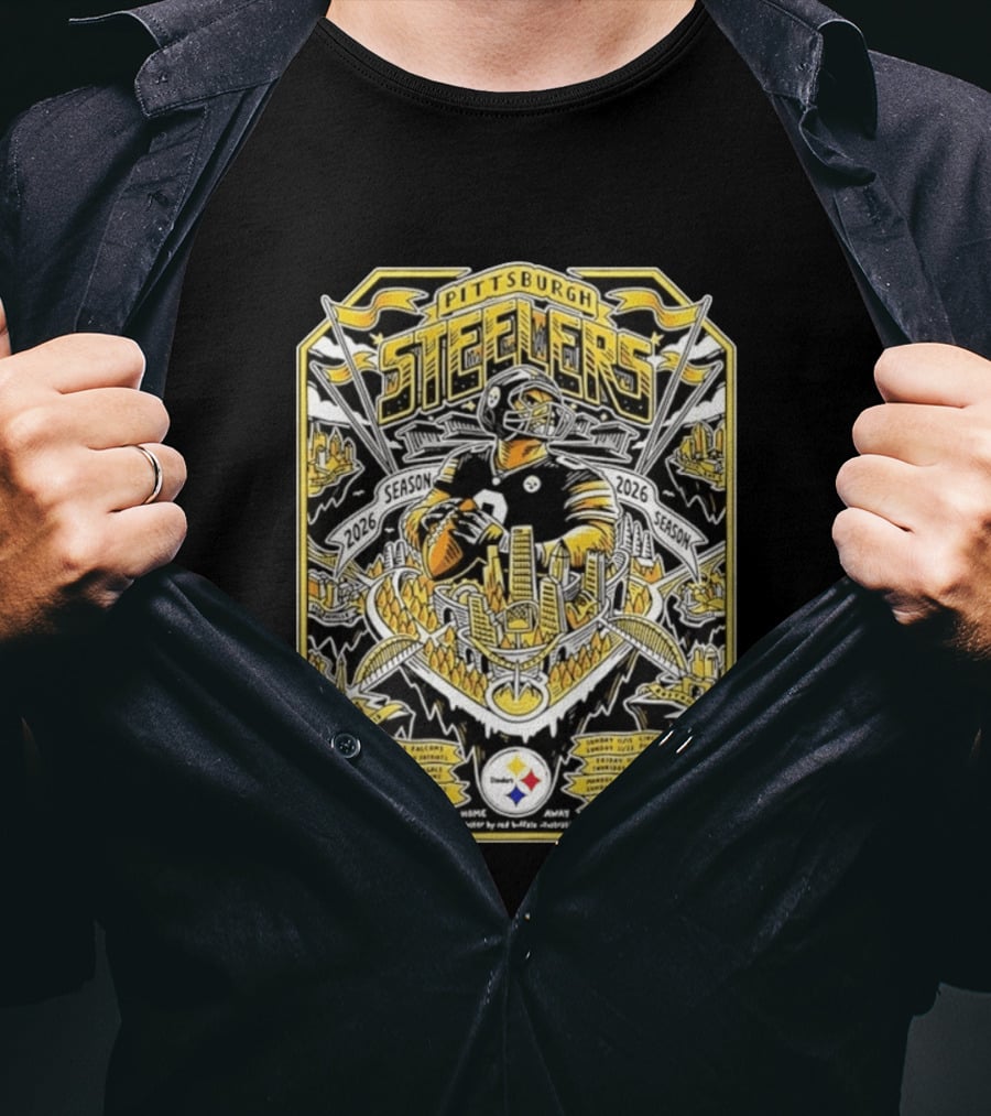 Pittsburgh Steelers 2026 Season Schedule Featuring Iconic Cityscape And Player T-Shirt