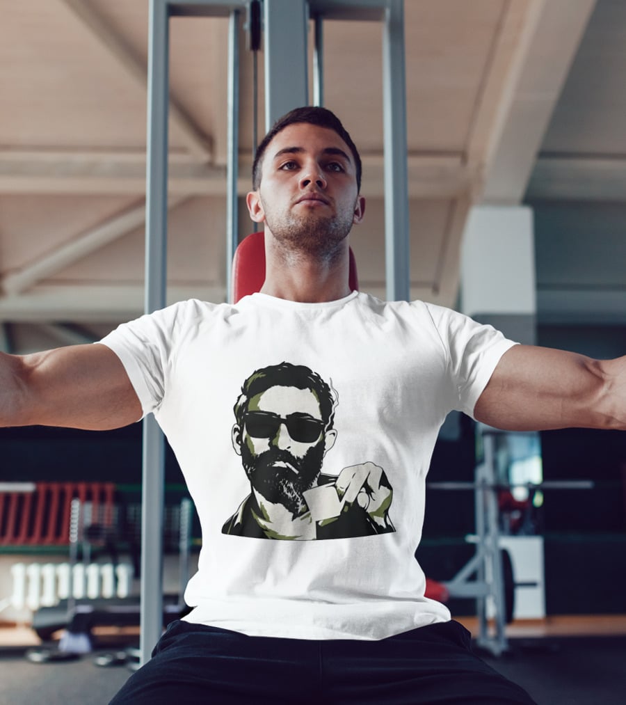 Bearded Man With Sunglasses Smoking Cigarette Holding Blank Card T-Shirt