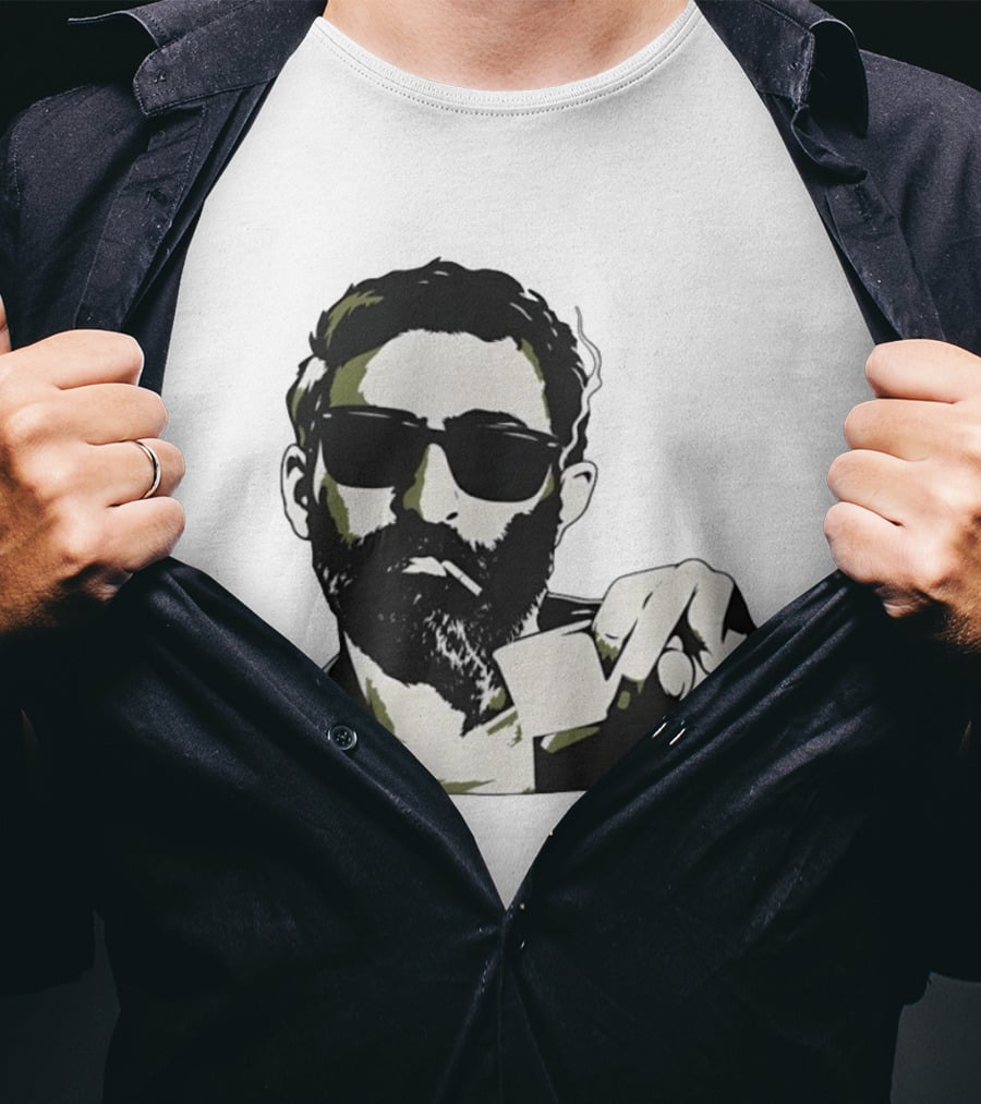 Bearded Man With Sunglasses Smoking Cigarette Holding Blank Card T-Shirt