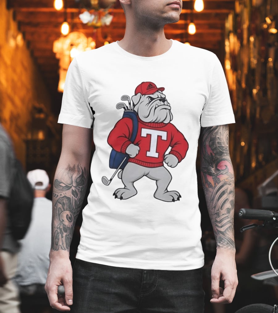Bulldog Golf Mascot With Letter Sweater And Golf Bag T-Shirt