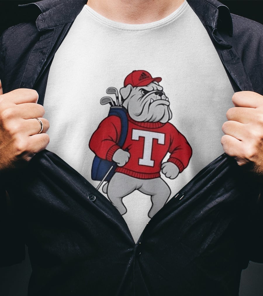 Bulldog Golf Mascot With Letter Sweater And Golf Bag T-Shirt
