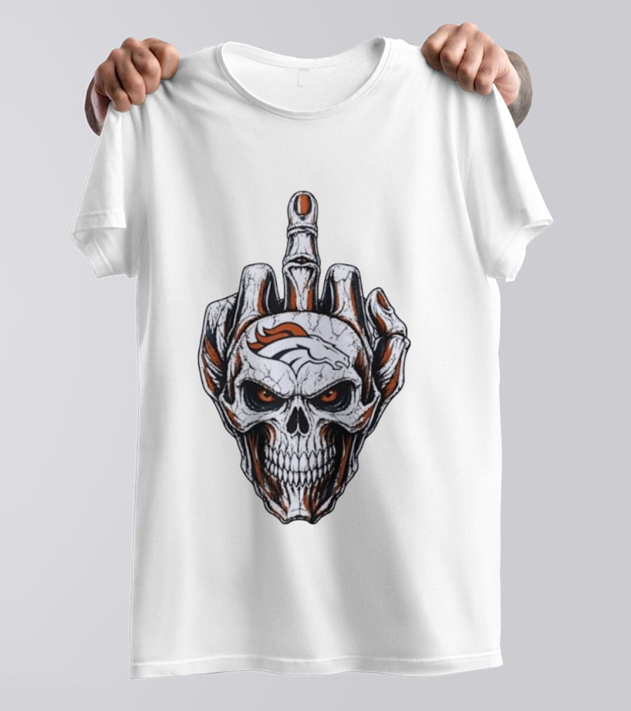 Distressed Denver Broncos Skull With Middle Finger Skeleton Hand T-Shirt