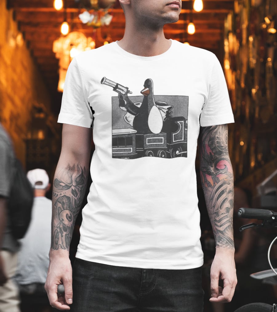 Evil Penguin With Gun On Train Vengeance Most Fowl McGraw T-Shirt