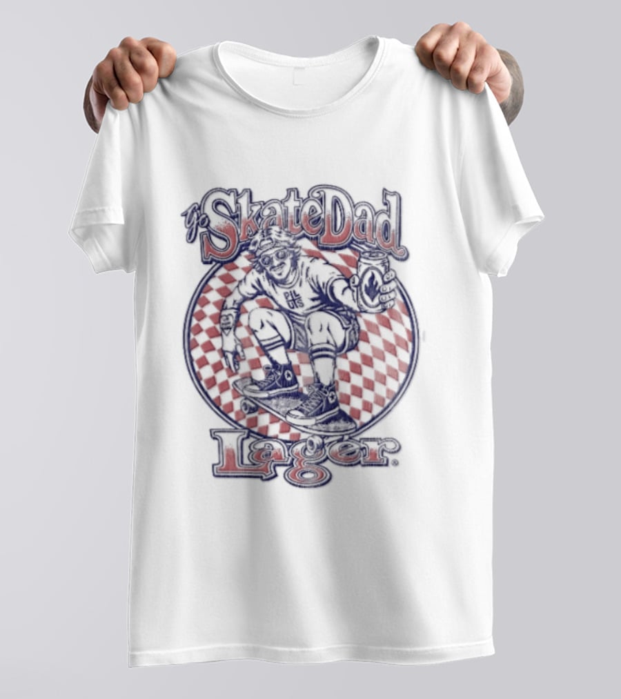 Skate Dad Lager Pils Beer Can Checkerboard Skater Riding T-Shirt