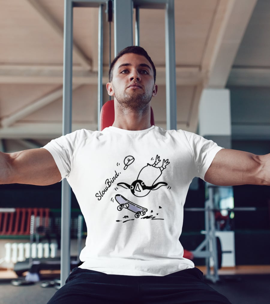 SlowBird Penguin Skateboarder With Blue Skateboard T-Shirt