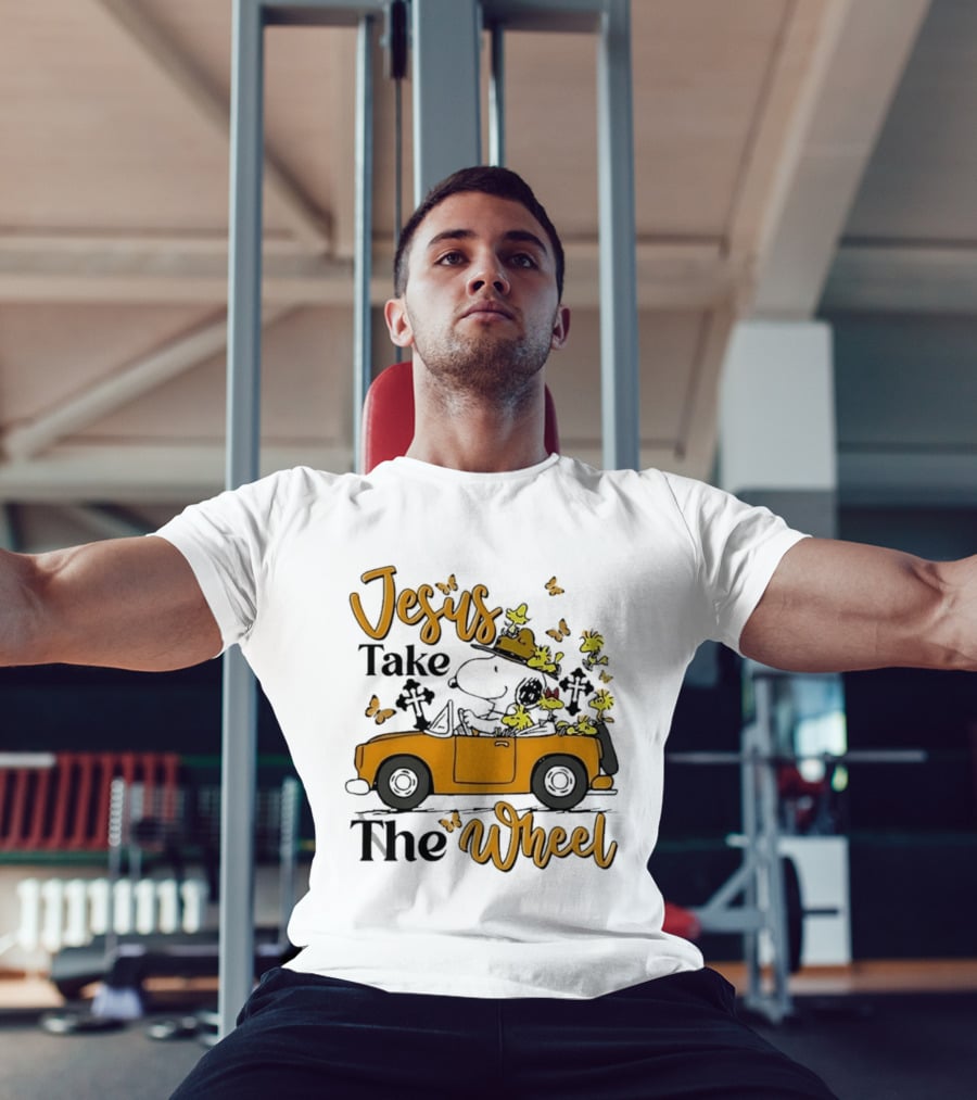 Snoopy Jesus Take The Wheel Butterflies Woodstock Driving Scene T-Shirt
