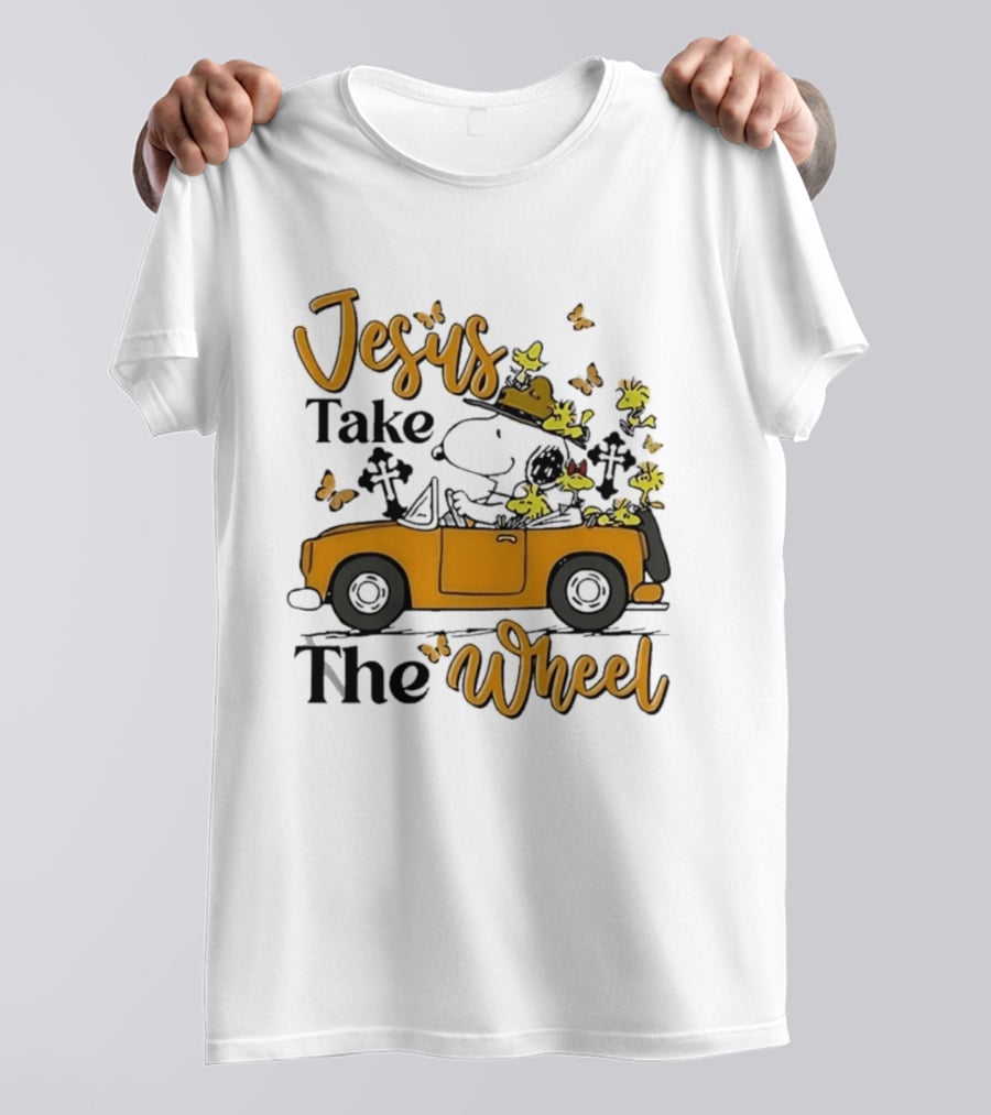 Snoopy Jesus Take The Wheel Butterflies Woodstock Driving Scene T-Shirt