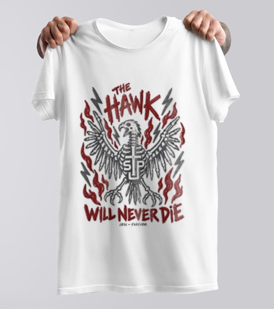 The Hawk Will Never Die 1851 Skeletal Bird Wings Cross Flames Lightning T-Shirt