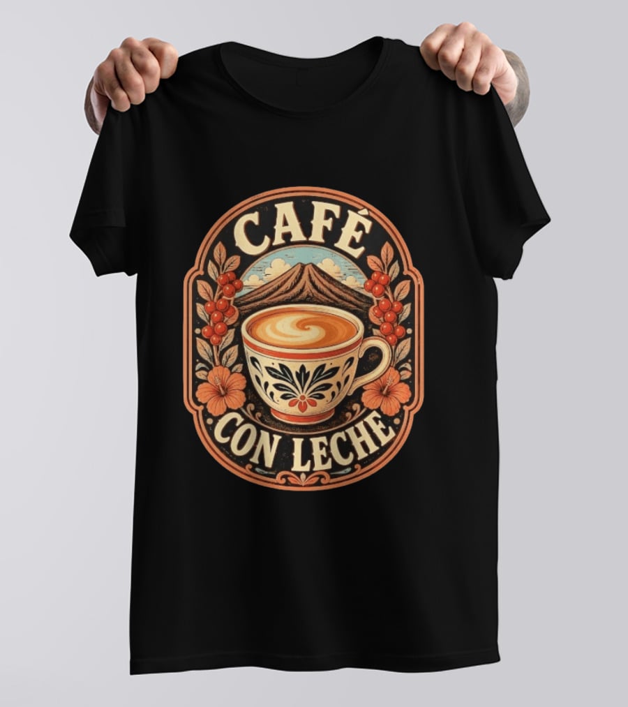 Café Con Leche Coffee Latte Floral Mountain Art Deco T-Shirt