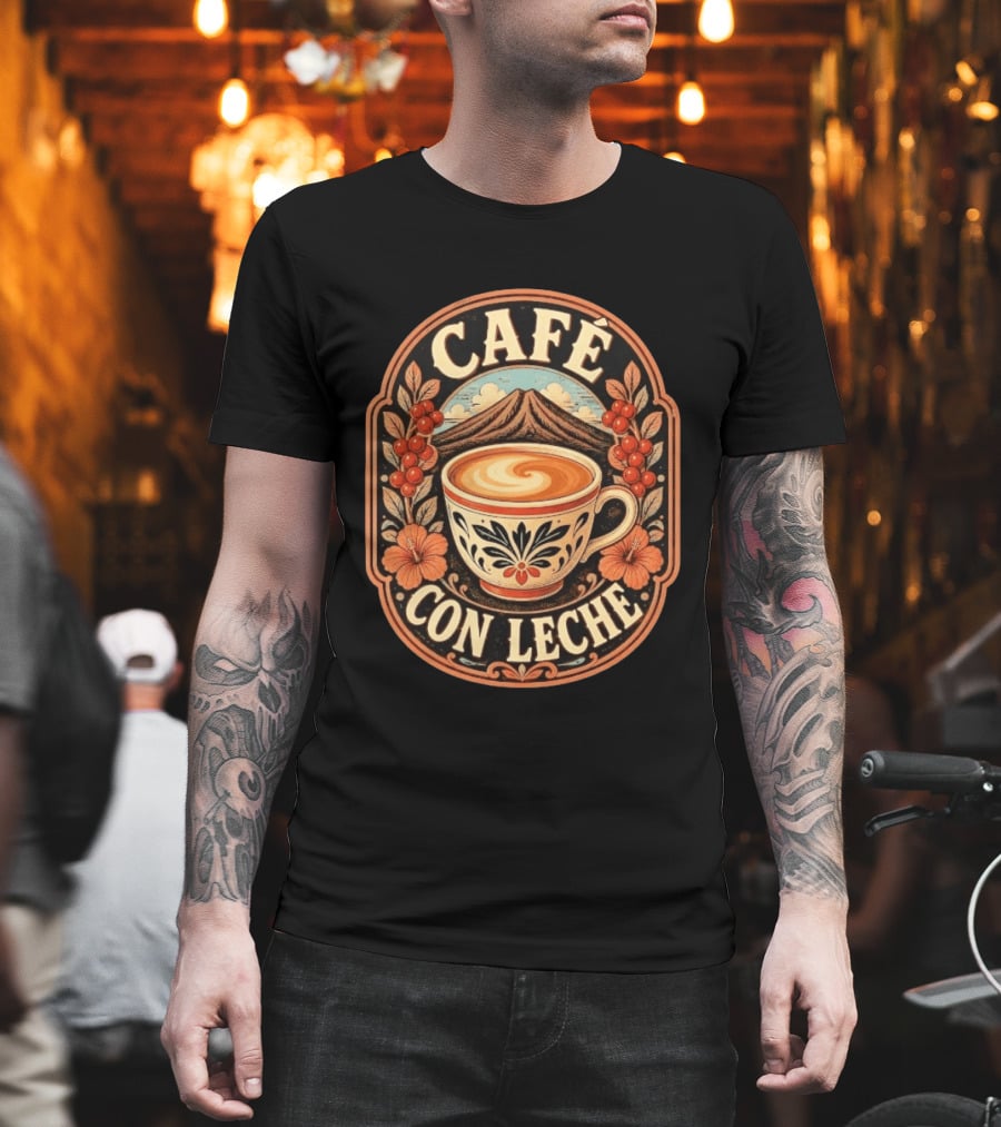 Café Con Leche Coffee Latte Floral Mountain Art Deco T-Shirt