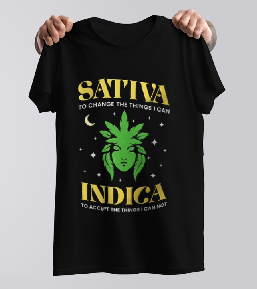 Sativa To Change The Things I Can Indica To Accept The Things I Can Not Moon Stars Cannabis Leaf T-Shirt