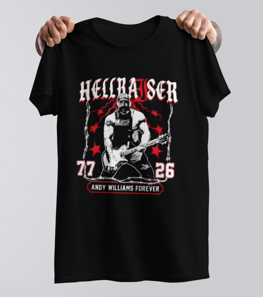 Hellraiser 77 26 Andy Williams Forever Halftone Bearded Guitarist Barbed Wire T-Shirt