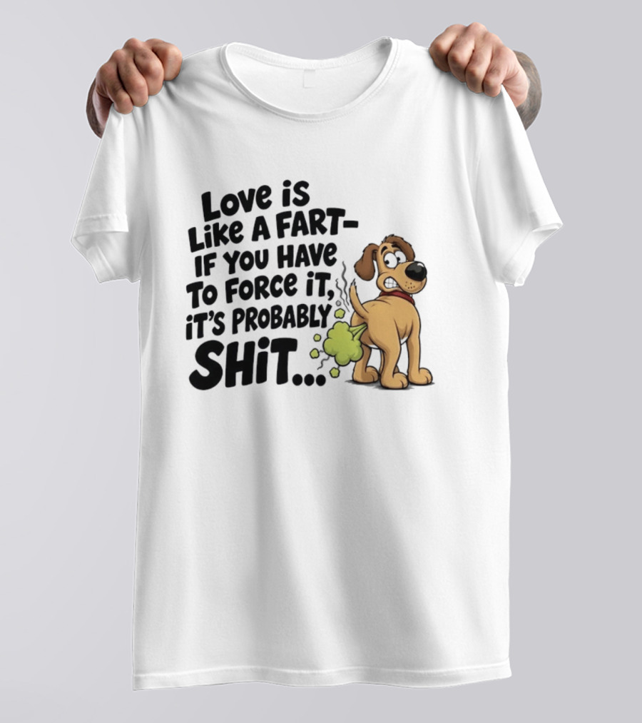 Love Is Like A Fart If You Have To Force It It's Probably Shit Dog Farting Humor T-Shirt