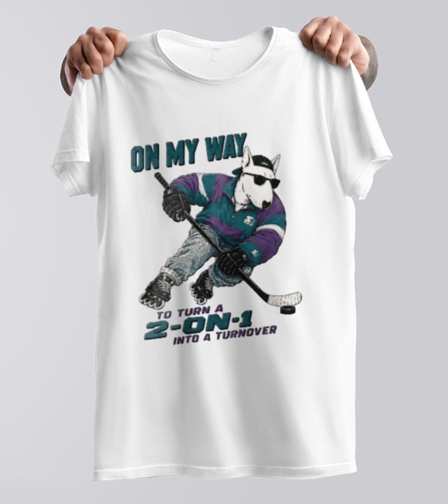 On My Way To Turn A 2 On 1 Into A Turnover Cartoon Bull Terrier Rollerblading Hockey Puck T-Shirt