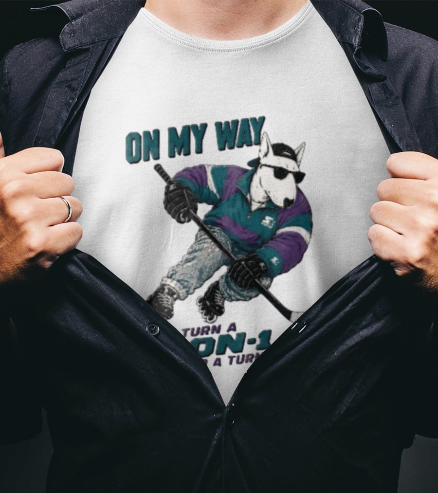 On My Way To Turn A 2 On 1 Into A Turnover Cartoon Bull Terrier Rollerblading Hockey Puck T-Shirt