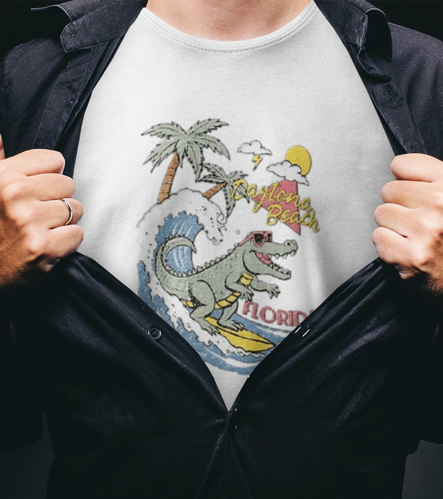 Daytona Beach Florida Surfing Alligator With Palm Trees And Sunglasses T-Shirt