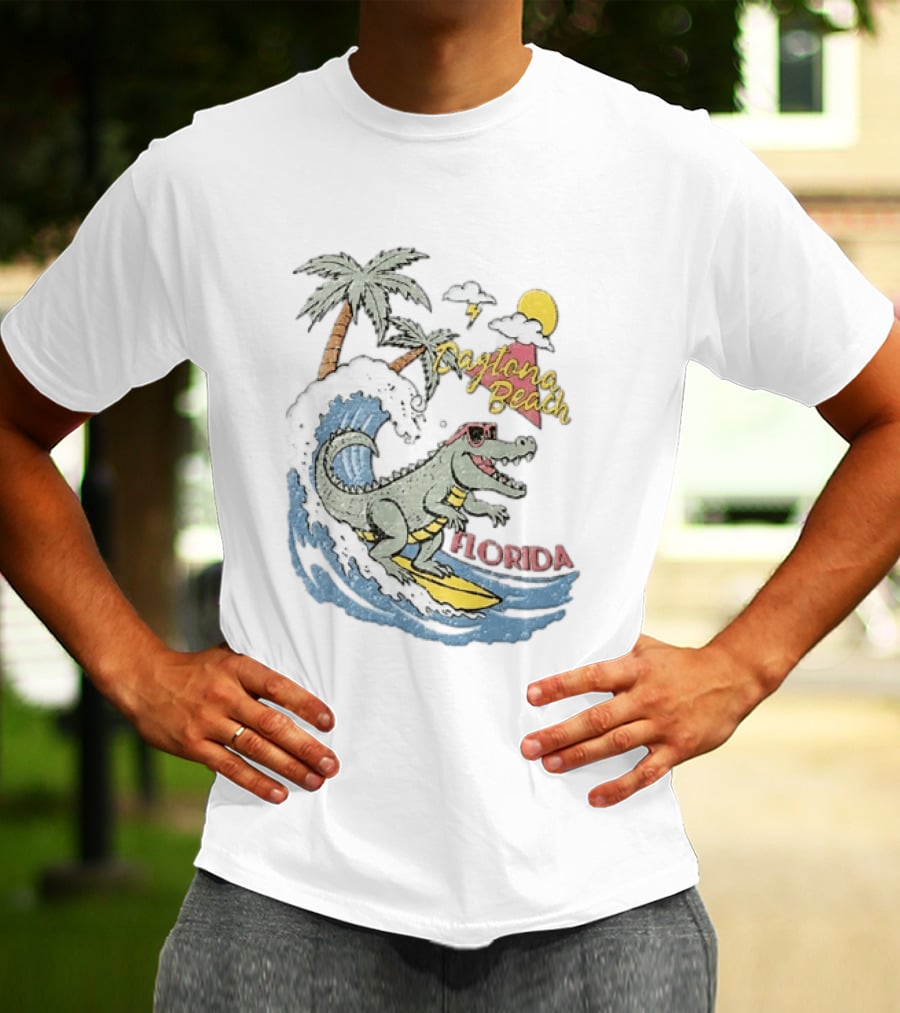 Daytona Beach Florida Surfing Alligator With Palm Trees And Sunglasses T-Shirt