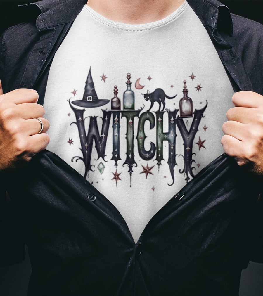 Witchy Halloween Magic With Potion Bottles Cat And Stars T-Shirt
