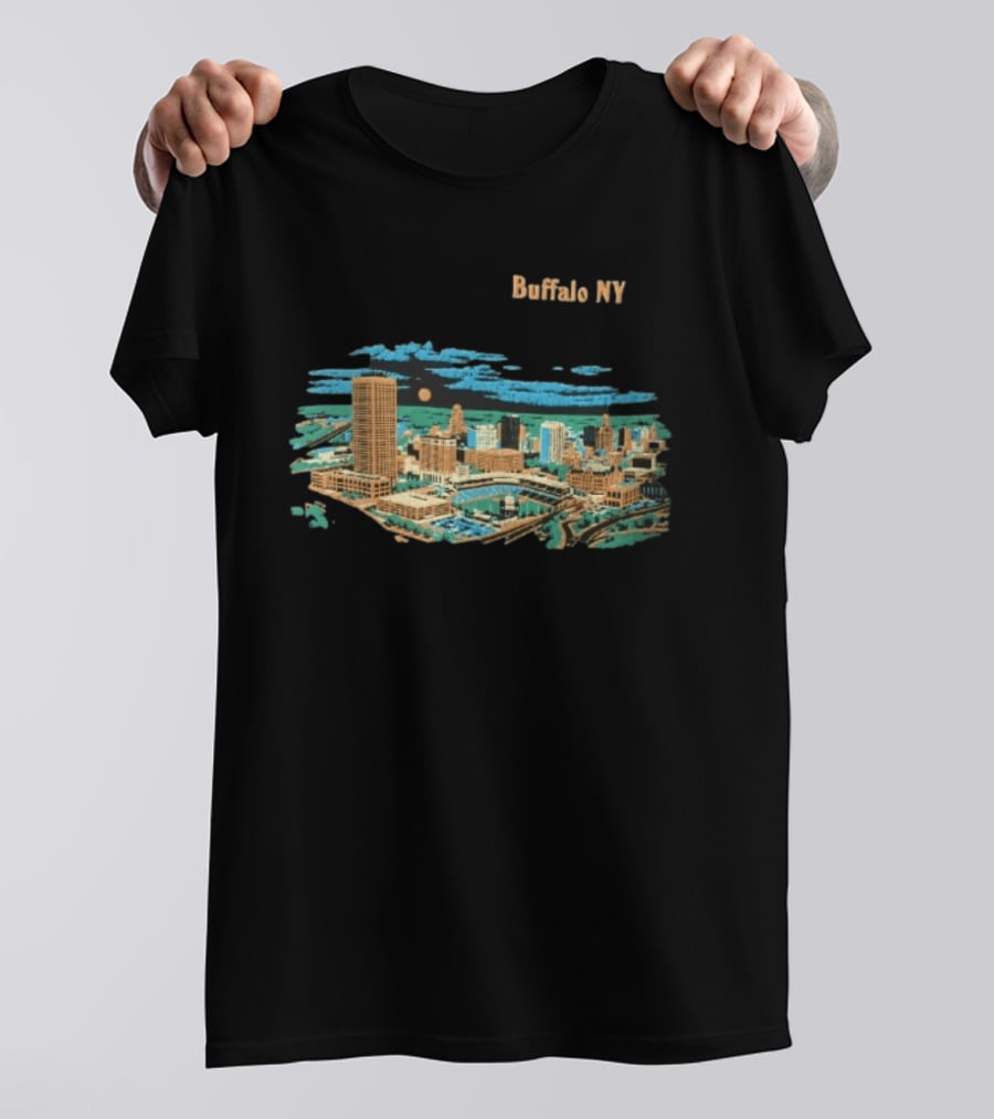 Buffalo NY Skyline Cityscape Illustration With Moonlit Clouds T-Shirt