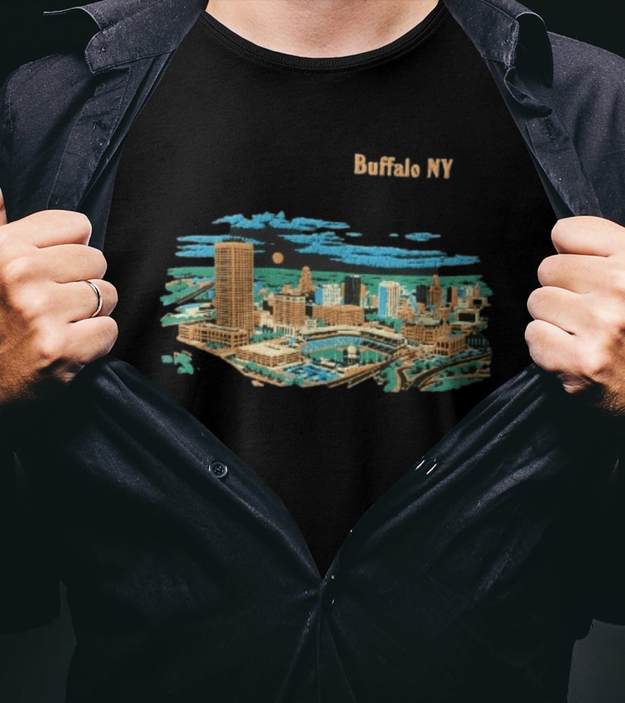Buffalo NY Skyline Cityscape Illustration With Moonlit Clouds T-Shirt