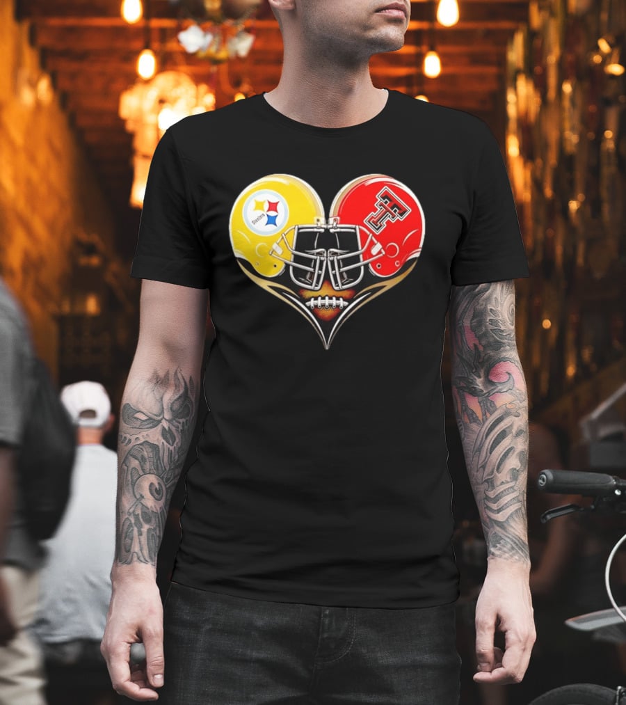 Pittsburgh Steelers Texas Tech Red Raiders Football Helmets Heart T-Shirt