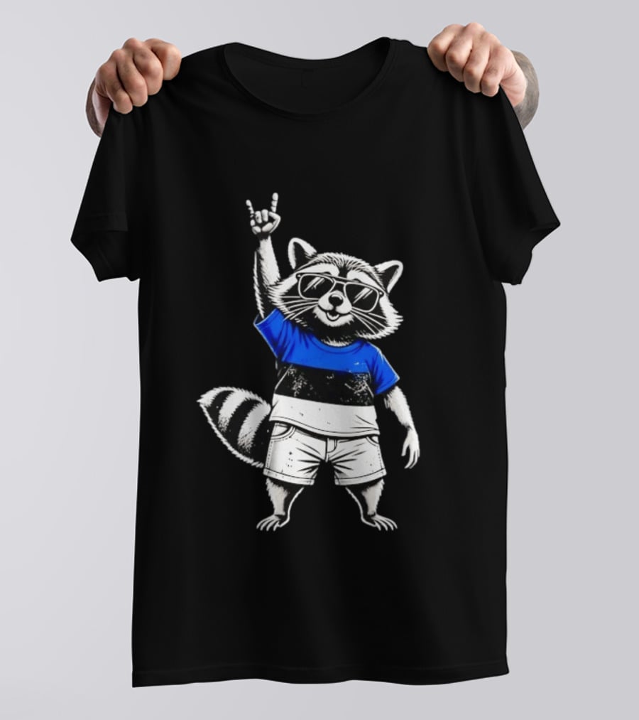 Rocking Raccoon Estonia Flag Style With Sunglasses And Hand Gesture T-Shirt