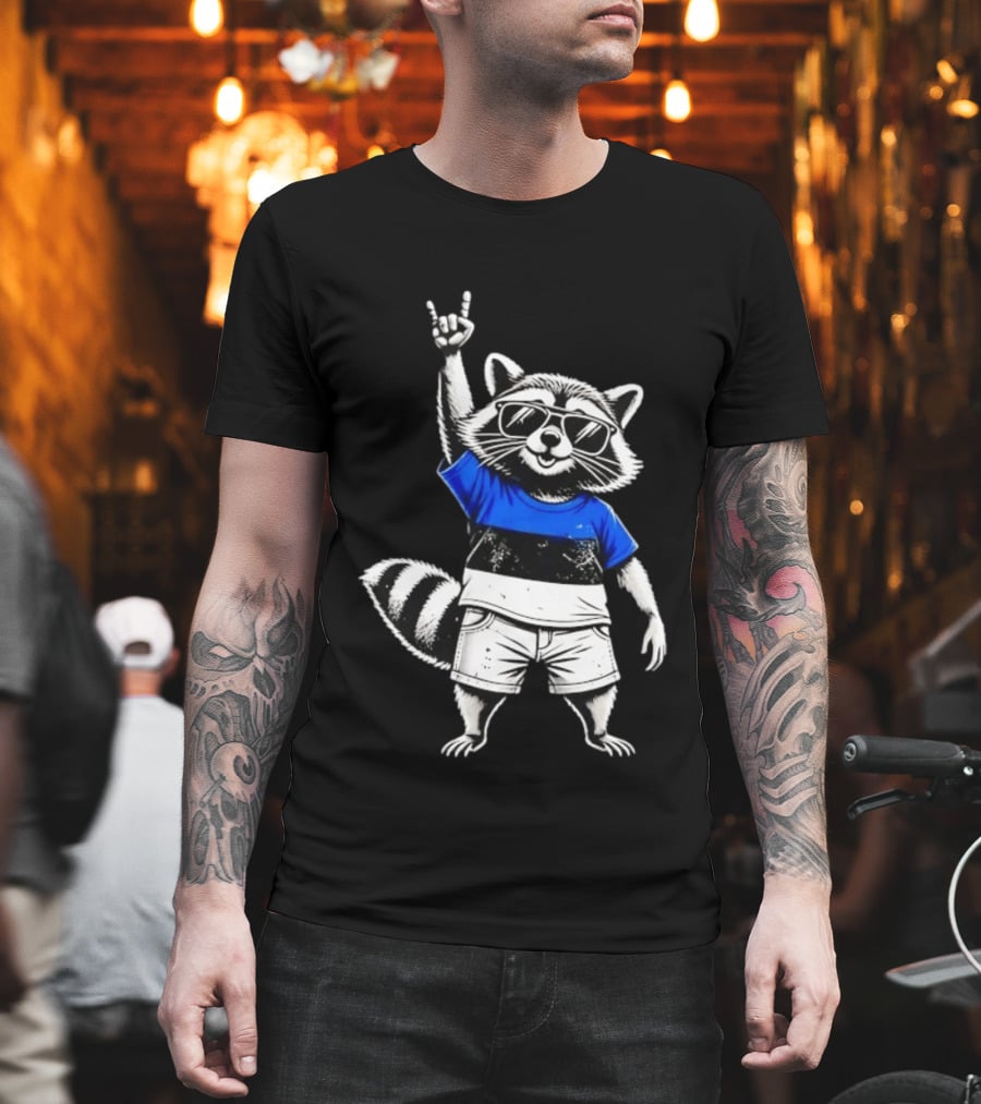 Rocking Raccoon Estonia Flag Style With Sunglasses And Hand Gesture T-Shirt