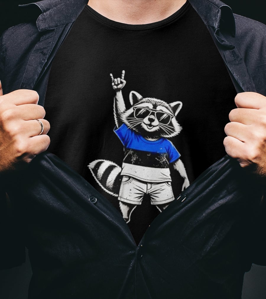 Rocking Raccoon Estonia Flag Style With Sunglasses And Hand Gesture T-Shirt