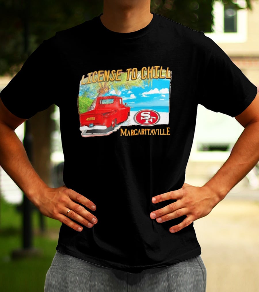 San Francisco 49ers License To Chill Margaritaville Beach Scene Vintage Truck T-Shirt