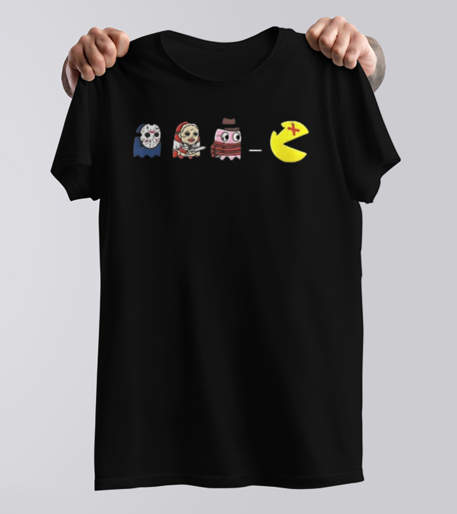 Horror Movie Ghosts Jason Freddy Chasing Stabbed Pac Man T-Shirt